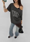 Compact Print Asymmetrical Off-shoulder Short Sleeve T-shirt