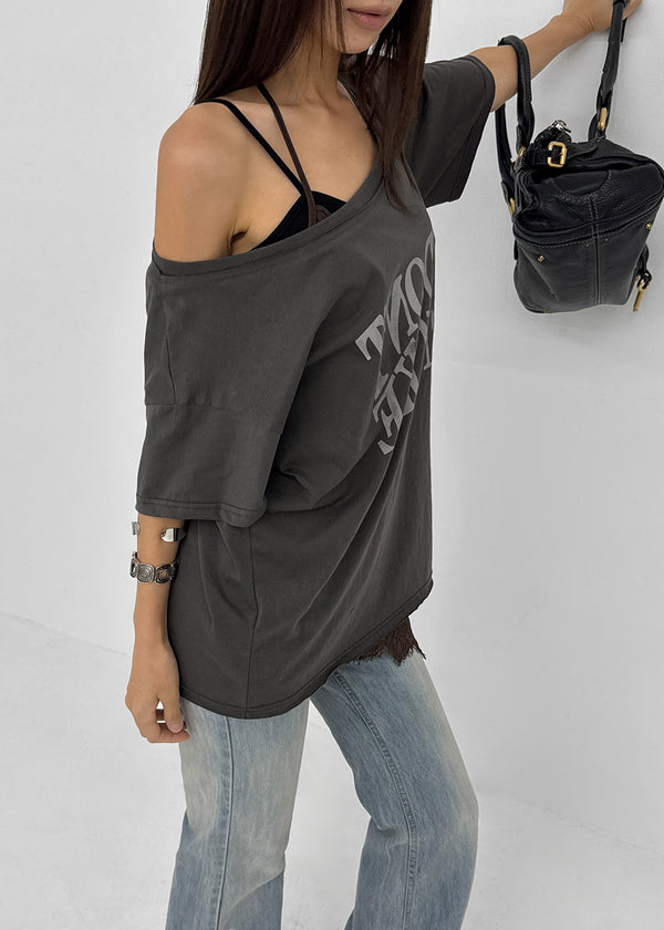 Compact Print Asymmetrical Off-shoulder Short Sleeve T-shirt
