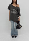 Compact Print Asymmetrical Off-shoulder Short Sleeve T-shirt