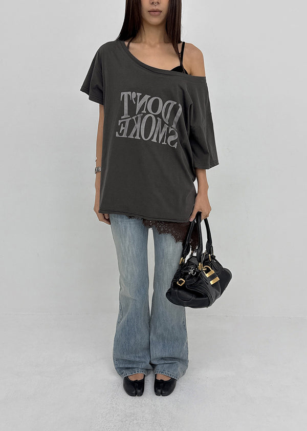 Compact Print Asymmetrical Off-shoulder Short Sleeve T-shirt