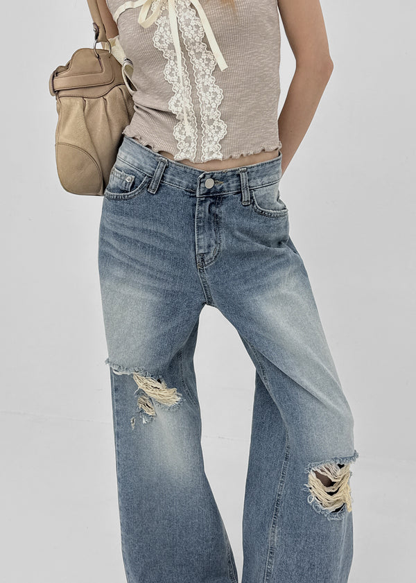 Foamco Damaged Low-waisted Straight Denim Pants