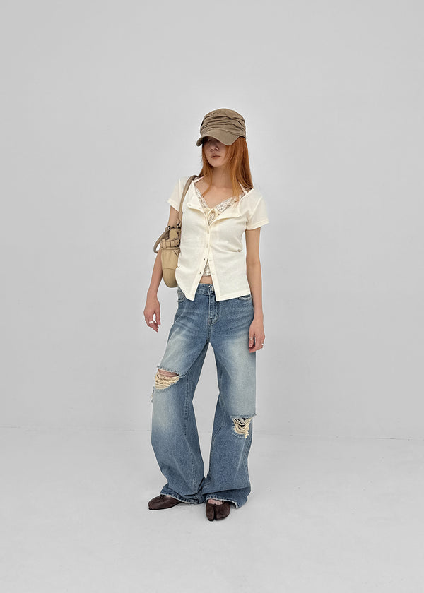 Foamco Damaged Low-waisted Straight Denim Pants