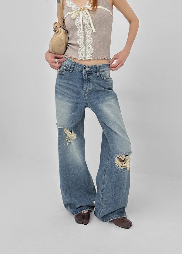 Foamco Damaged Low-waisted Straight Denim Pants