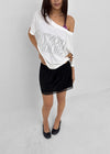 Compact Print Asymmetrical Off-shoulder Short Sleeve T-shirt