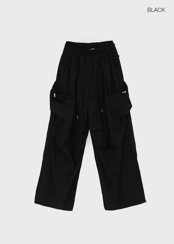 Pink Nylon Cargo Elastic Pants