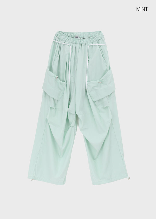 Pink Nylon Cargo Elastic Pants