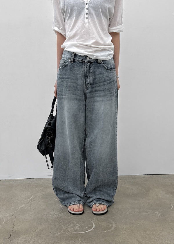 (UNISEX) Pichel Double Back Pocket Wide Denim Pants