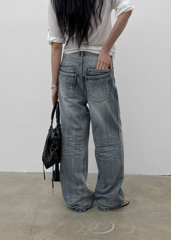 (UNISEX) Pichel Double Back Pocket Wide Denim Pants