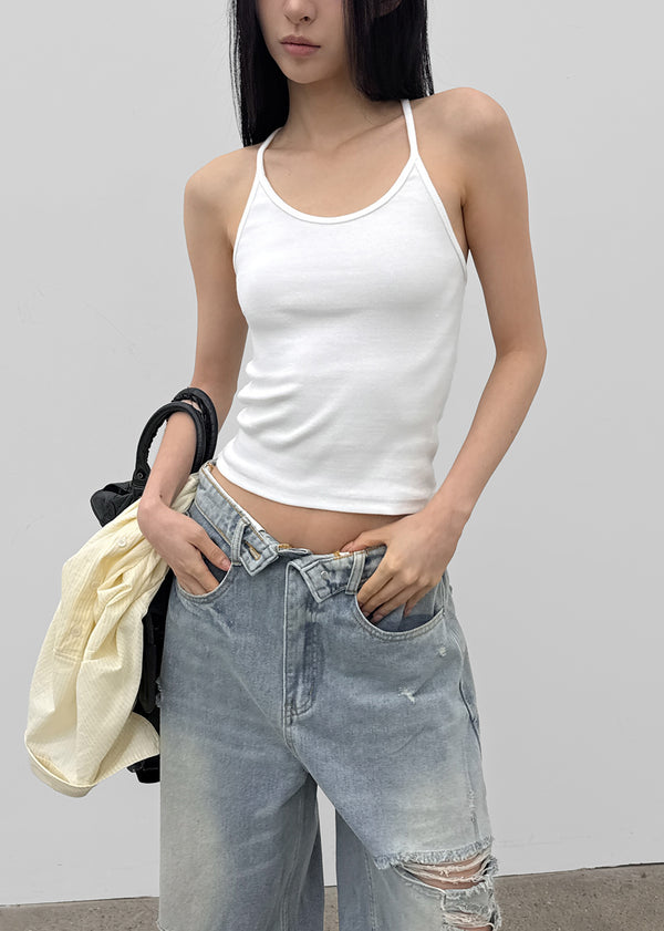 Pen-shaped Cross Strap Ribbed Halter Top