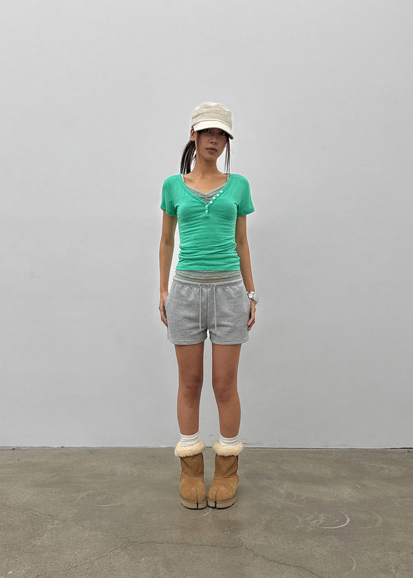 Grommet V-neck Button Short-sleeve Tee