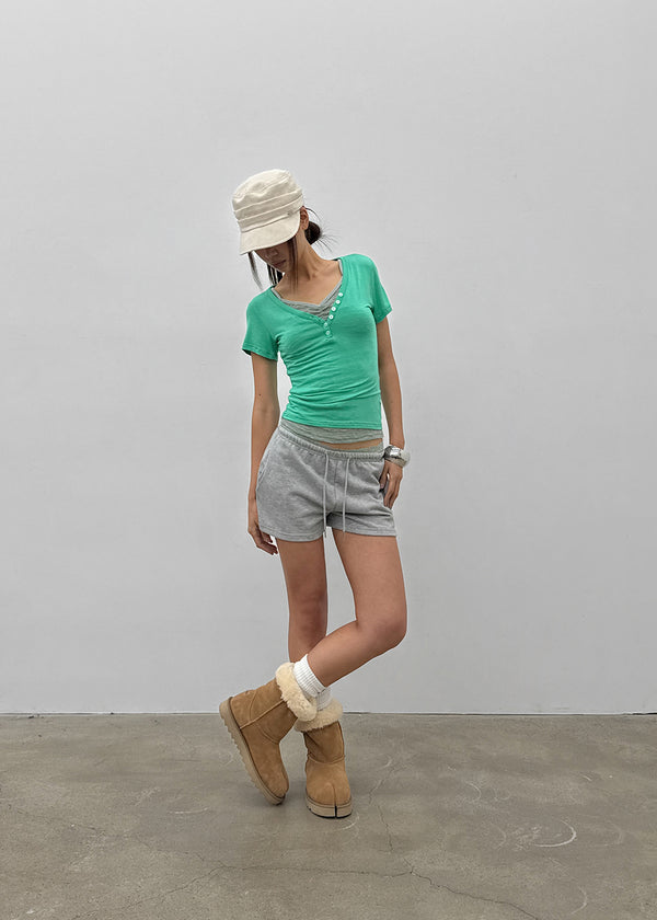 Grommet V-neck Button Short-sleeve Tee