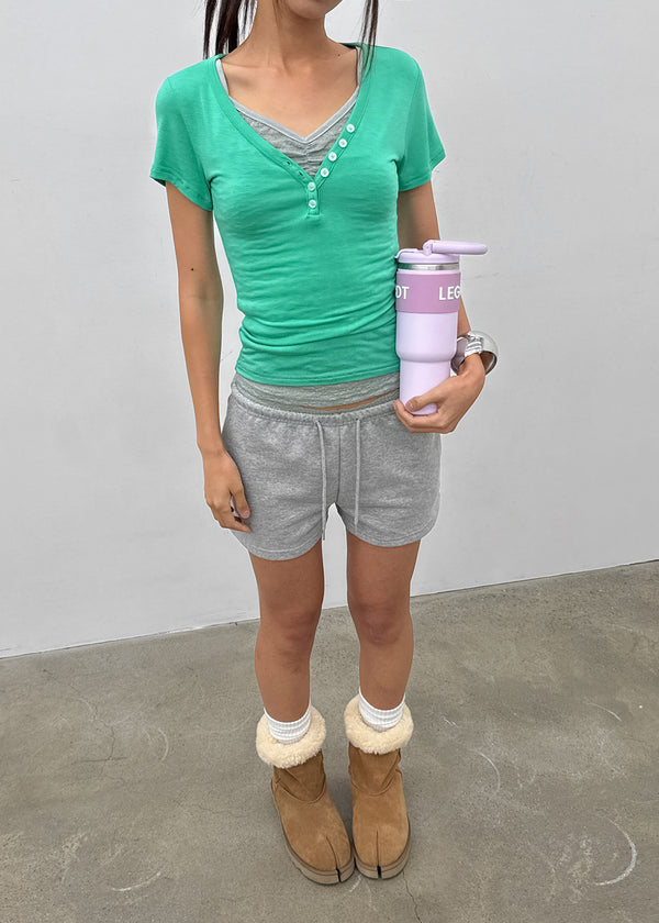Grommet V-neck Button Short-sleeve Tee