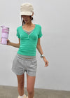 Grommet V-neck Button Short-sleeve Tee