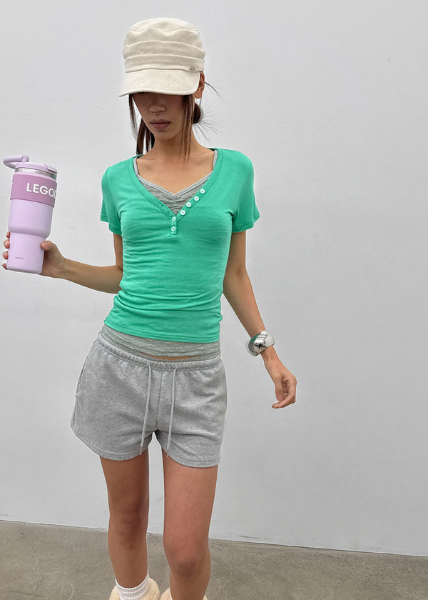 Grommet V-neck Button Short-sleeve Tee