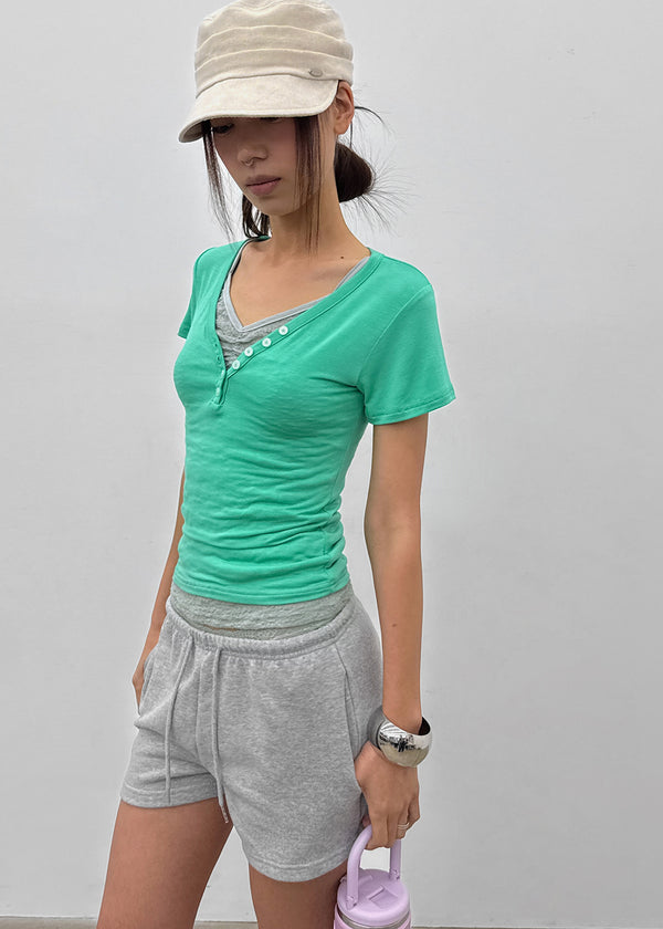 Grommet V-neck Button Short-sleeve Tee