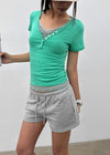 Grommet V-neck Button Short-sleeve Tee