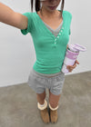 Grommet V-neck Button Short-sleeve Tee
