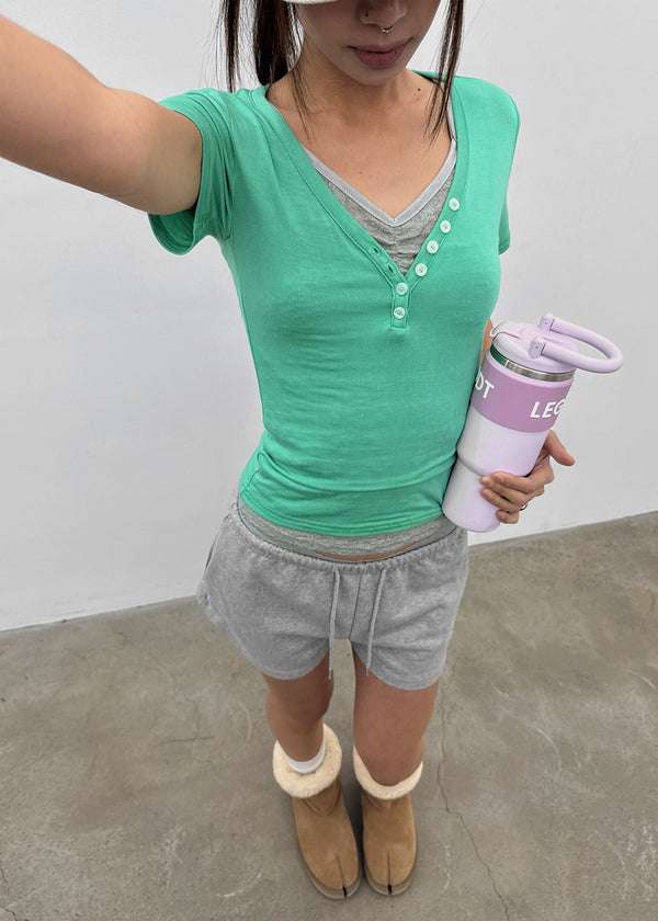 Grommet V-neck Button Short-sleeve Tee