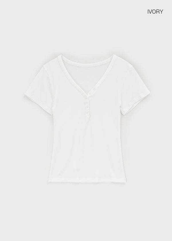 Grommet V-neck Button Short-sleeve Tee