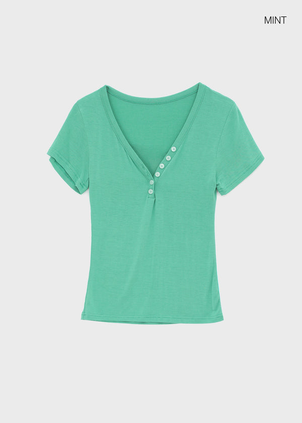 Grommet V-neck Button Short-sleeve Tee