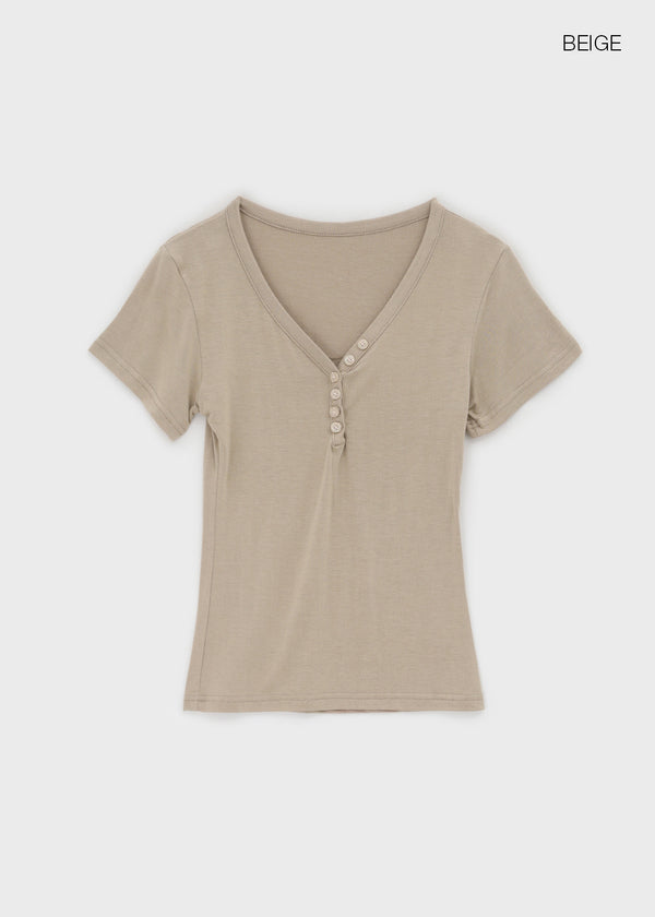 Grommet V-neck Button Short-sleeve Tee