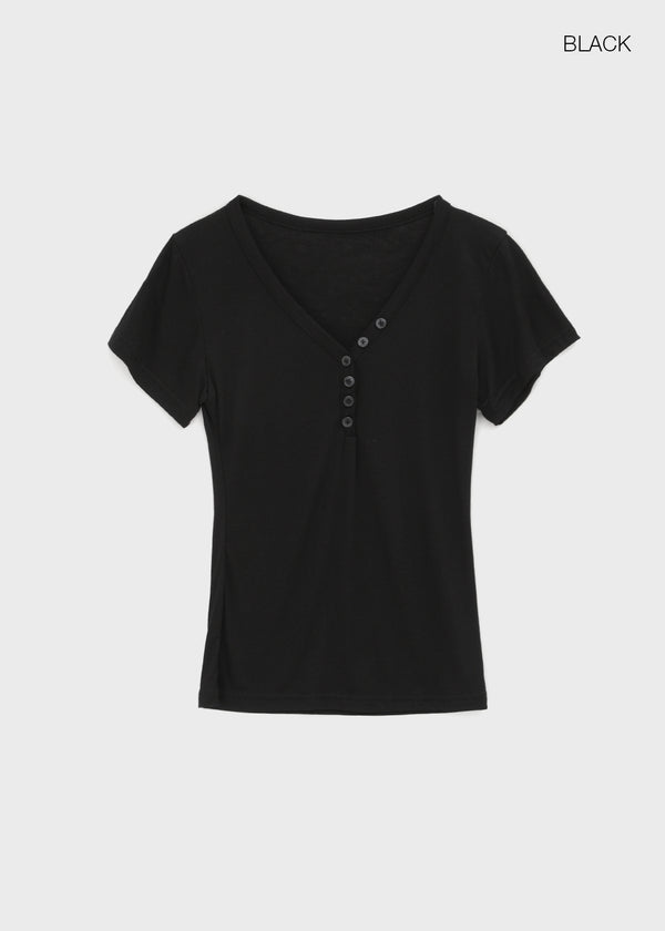 Grommet V-neck Button Short-sleeve Tee