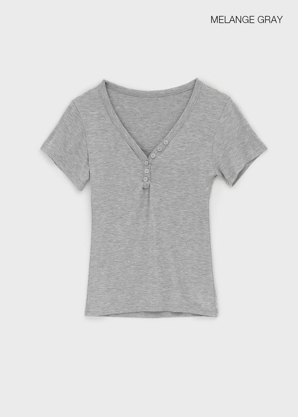 Grommet V-neck Button Short-sleeve Tee