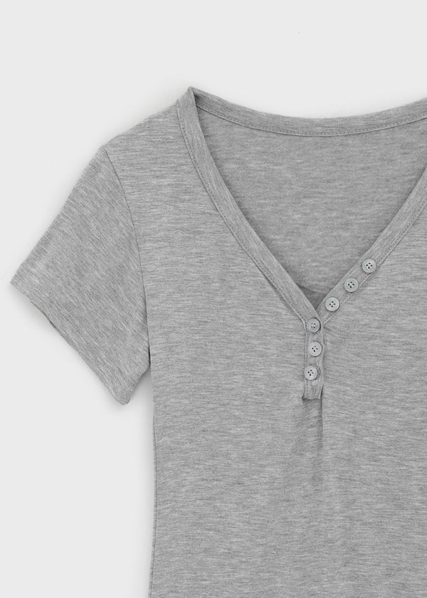 Grommet V-neck Button Short-sleeve Tee
