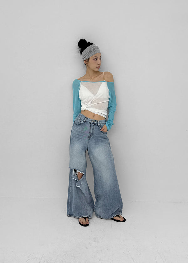 Lock Damage Wide Denim Pants