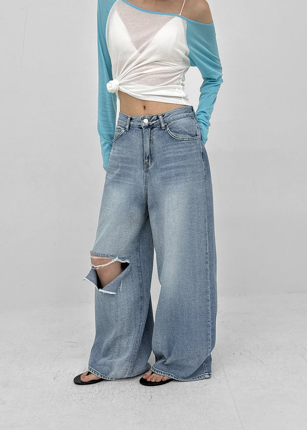 Lock Damage Wide Denim Pants