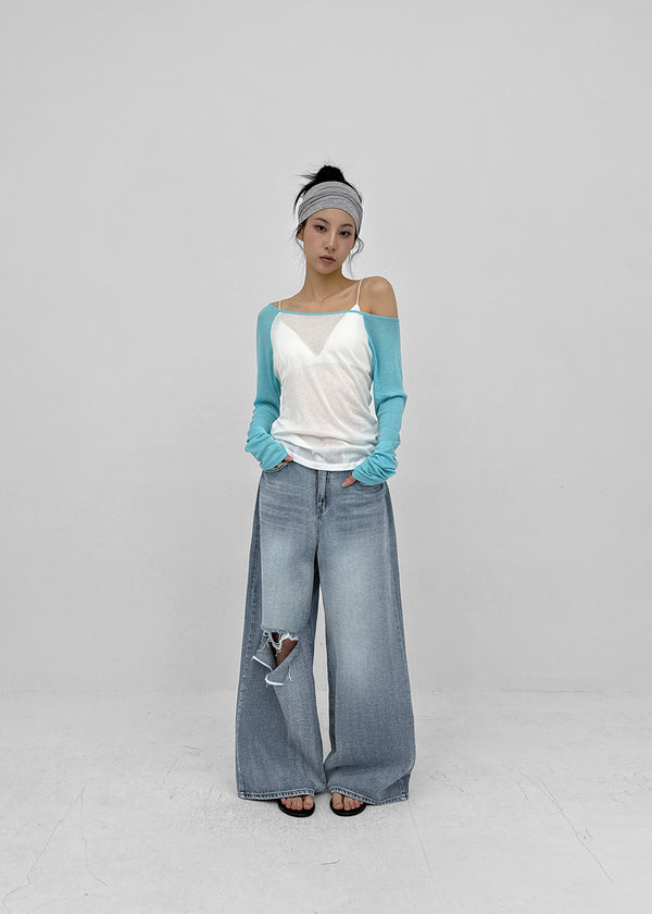Lock Damage Wide Denim Pants