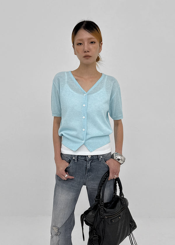 Polyp Linen V-neck Short Sleeve Knit Cardigan