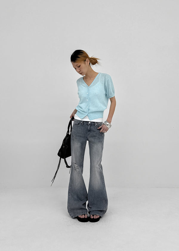 Polyp Linen V-neck Short Sleeve Knit Cardigan