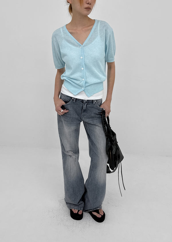 Polyp Linen V-neck Short Sleeve Knit Cardigan