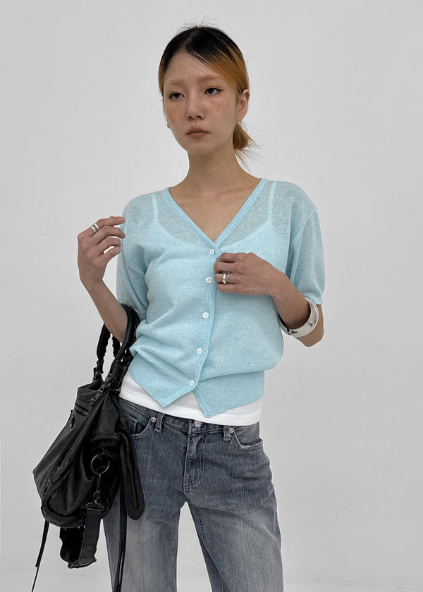 Polyp Linen V-neck Short Sleeve Knit Cardigan