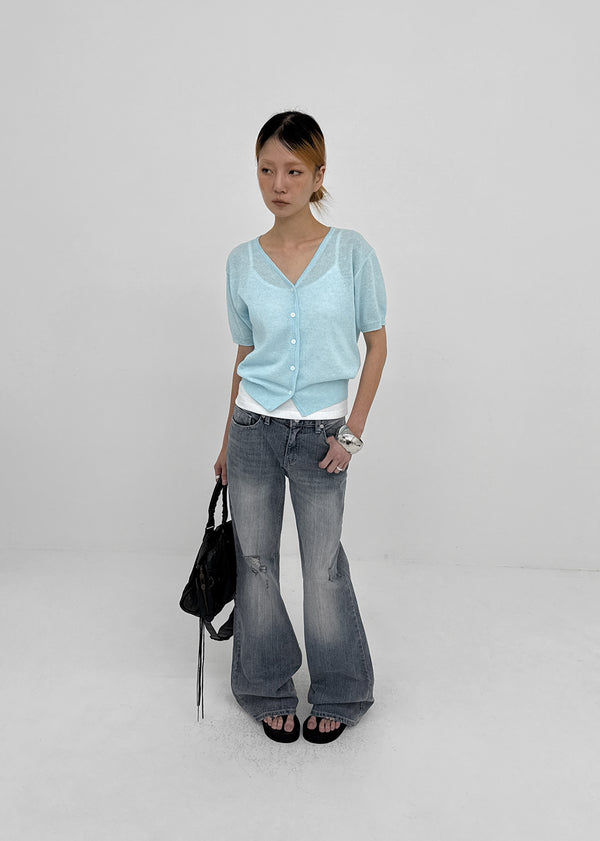 Polyp Linen V-neck Short Sleeve Knit Cardigan