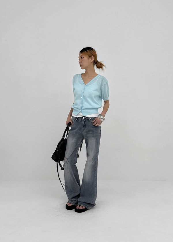 Polyp Linen V-neck Short Sleeve Knit Cardigan