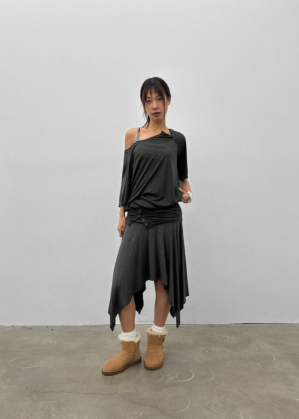 Mauve Tencel Button Batwing Short Sleeve T-shirt