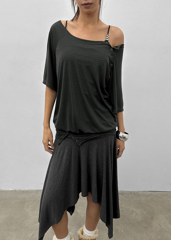 Mauve Tencel Button Batwing Short Sleeve T-shirt