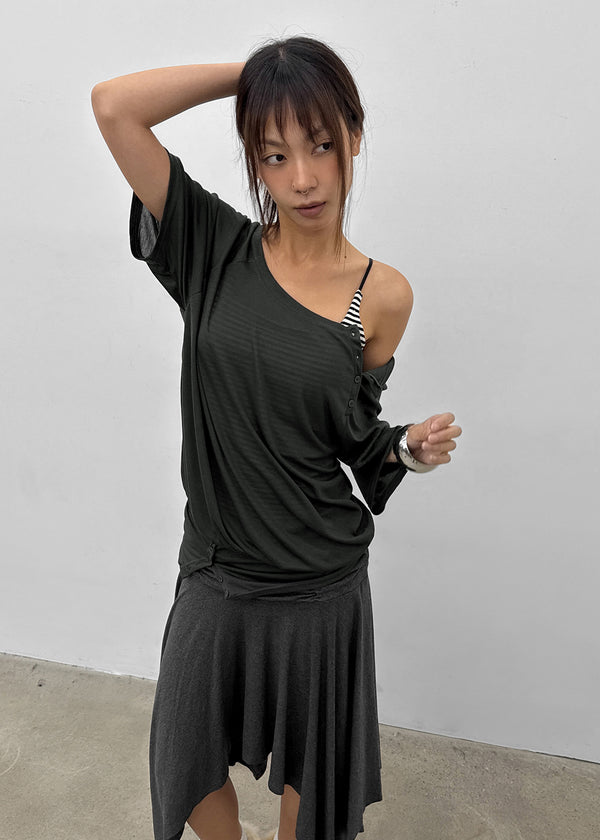 Mauve Tencel Button Batwing Short Sleeve T-shirt