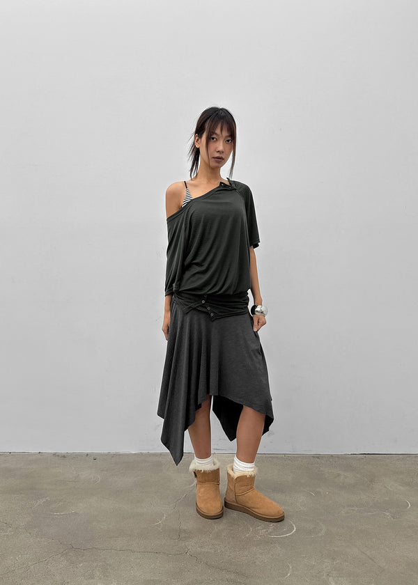 Mauve Tencel Button Batwing Short Sleeve T-shirt
