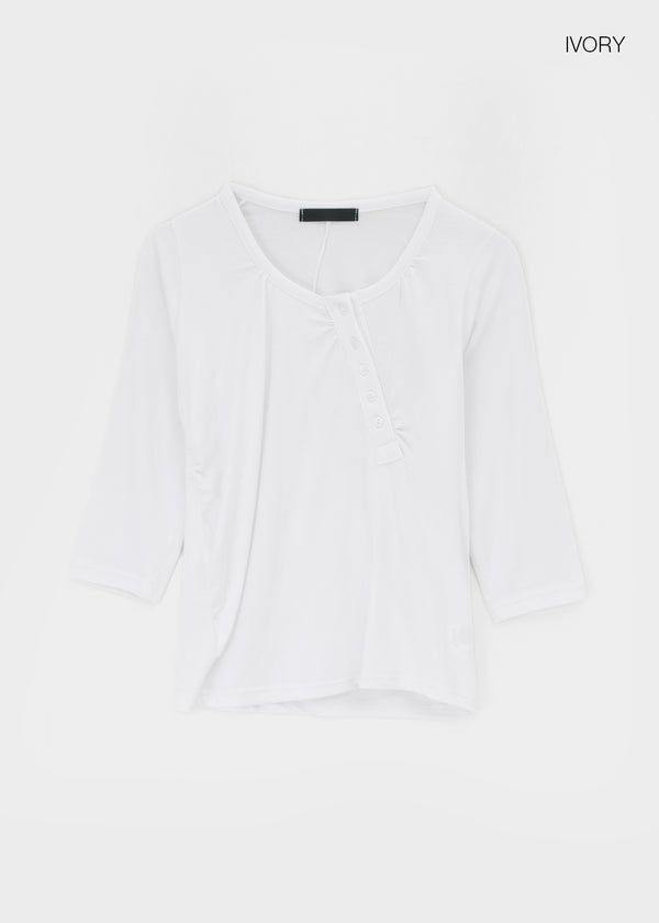 Feline Shirred Asymmetrical Button 3/4 Sleeveless