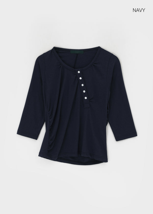 Feline Shirred Asymmetrical Button 3/4 Sleeveless