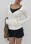 Special Deep V-Neck Henley Neck Long Sleeve Tee