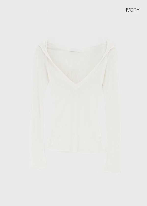 Rochem Deep V-Neck Hooded Long Sleeve Tee