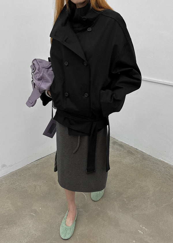 Lama double-button high-neck trench jacket