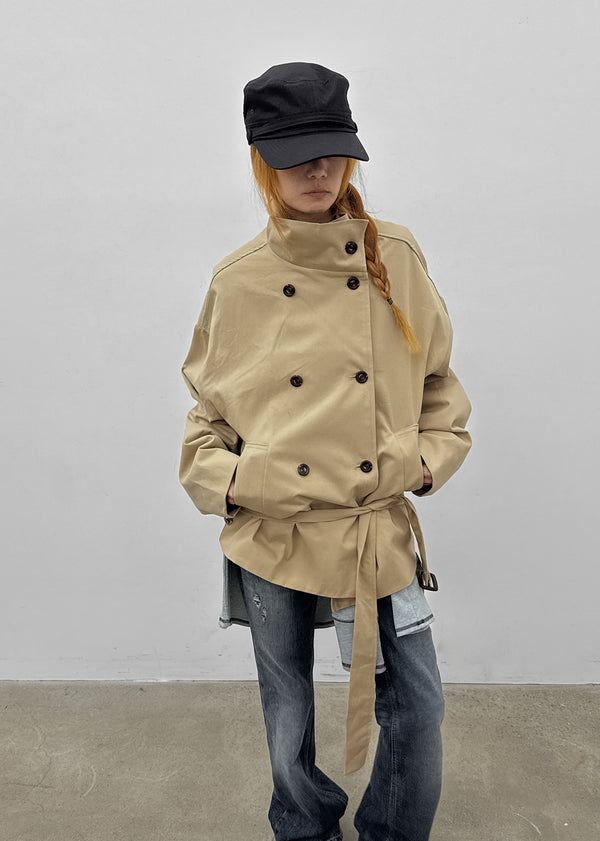 Lama double-button high-neck trench jacket