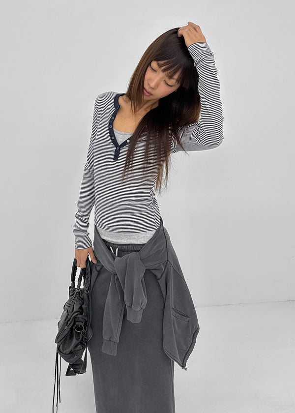Keds Striped Henley Neck Long Sleeve Tee