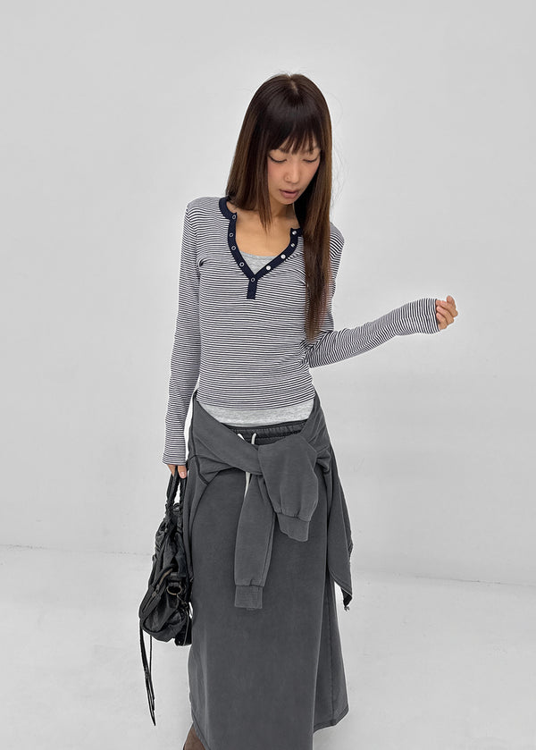 Keds Striped Henley Neck Long Sleeve Tee