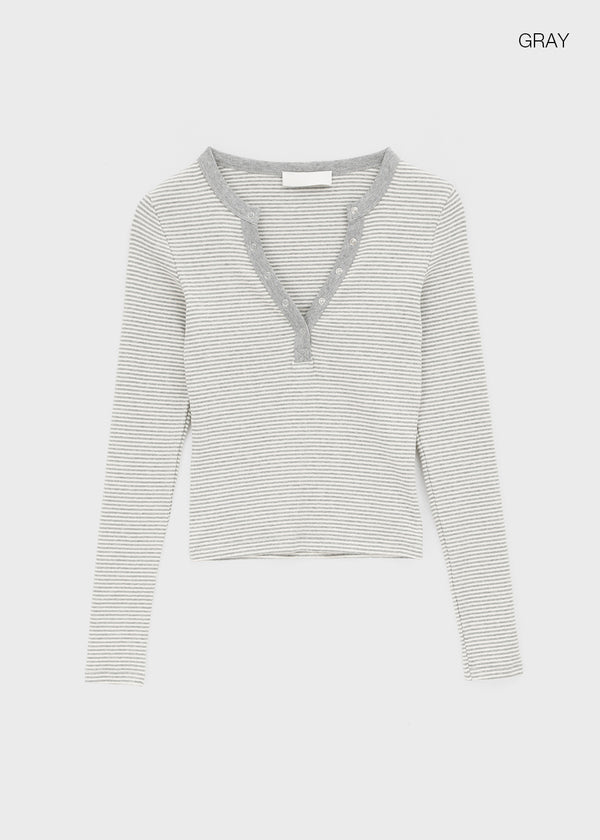 Keds Striped Henley Neck Long Sleeve Tee